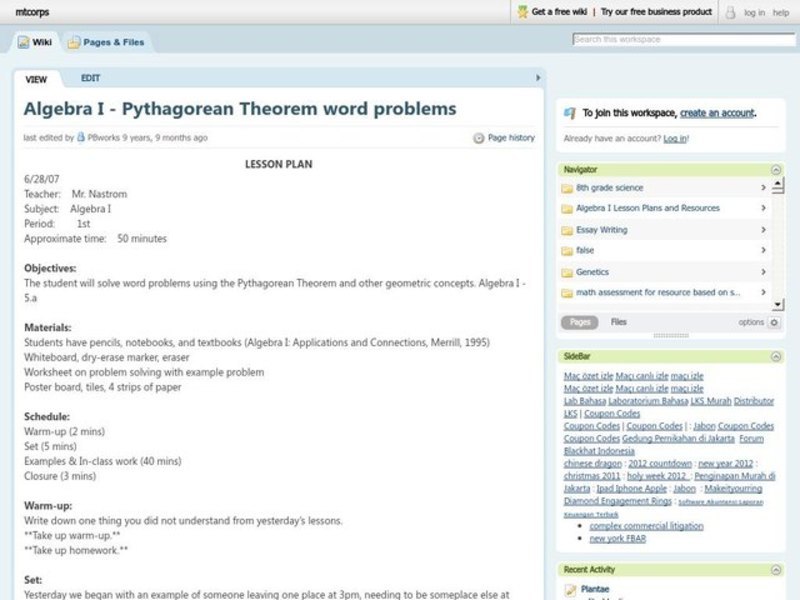 Pythagorean Theorem Word Problems Lesson Plan