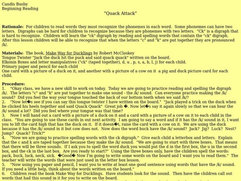 Quack Attack Lesson Plan
