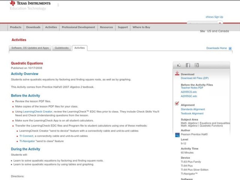 Quadratic Equations Lesson Plan