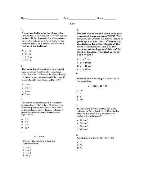 Quadratic Equations Worksheet