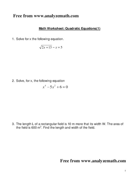 Quadratic Equations Worksheet
