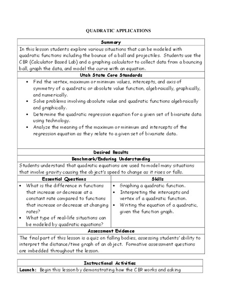 Quadratic Applications Lesson Plan