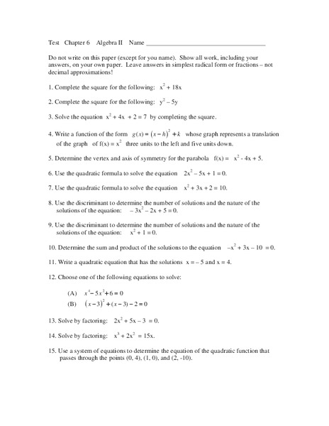 Quadratic Equations Worksheet