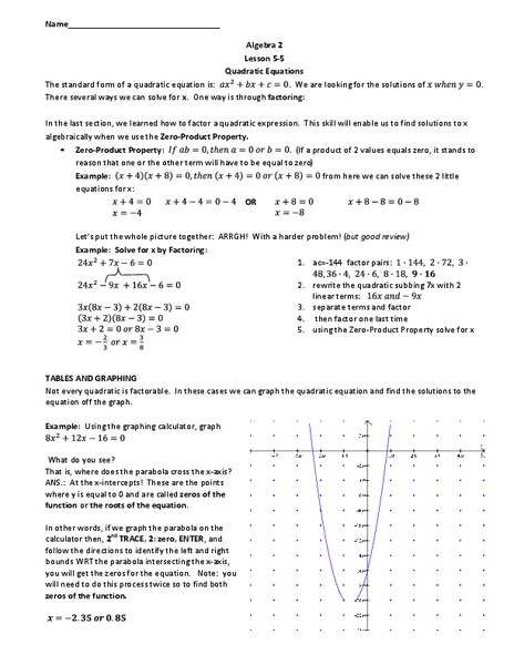 Quadratic Equations Worksheet