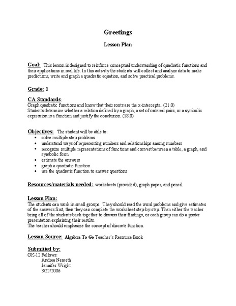 Quadratic Equations and Functions Lesson Plan