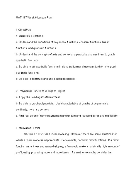 Quadratic Equations and Functions Lesson Plan