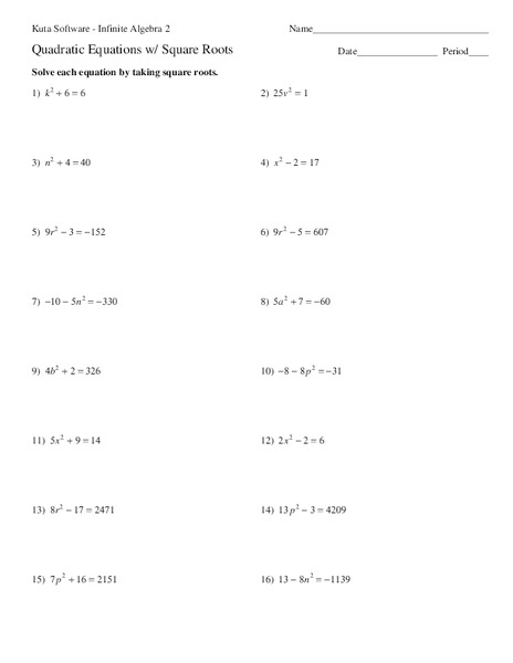 Quadratic Equations with Square Roots Worksheet