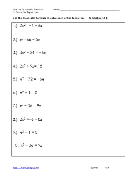 Quadratic formula Worksheet