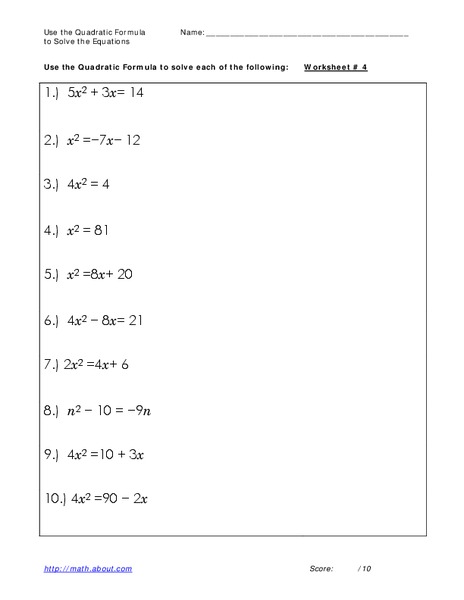 Quadratic Formula Worksheet
