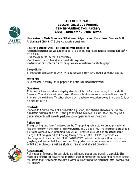 Quadratic Formula Lesson Plan