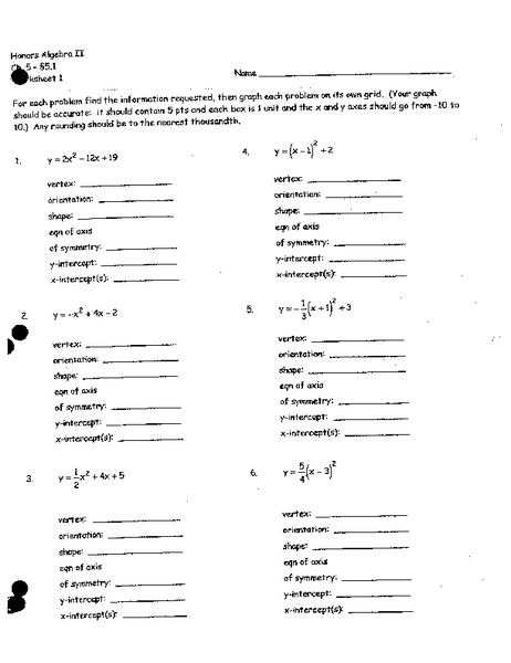 Quadratic Functions Worksheet