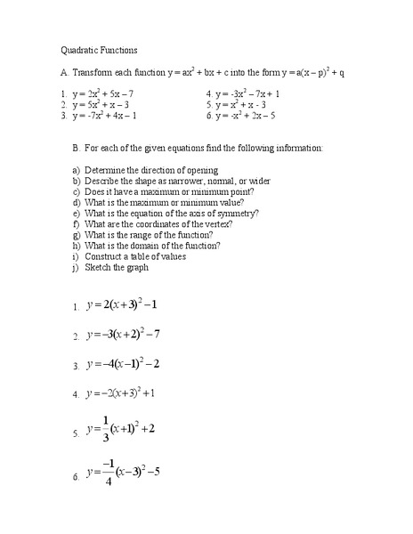 Quadratic Functions Worksheet