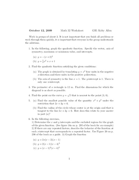 Quadratic Functions Worksheet