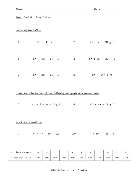 Quadratic Inequalities Worksheet