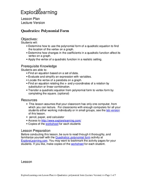 Quadratics: Polynomial Form Lesson Plan