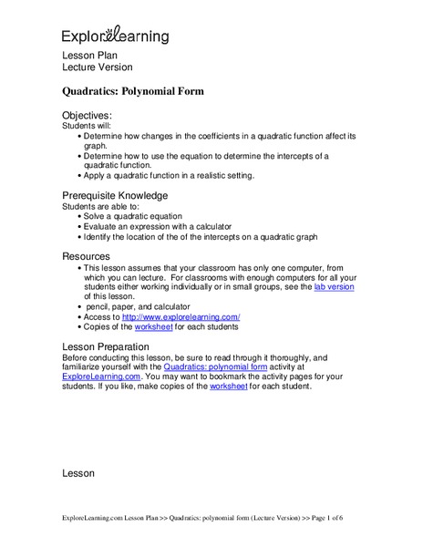 Quadratics: Polynomial Form Lesson Plan