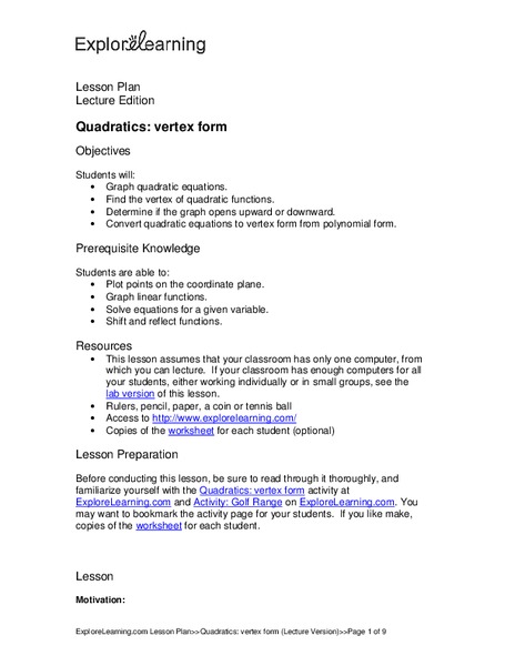 Quadratics: vertex form Lesson Plan
