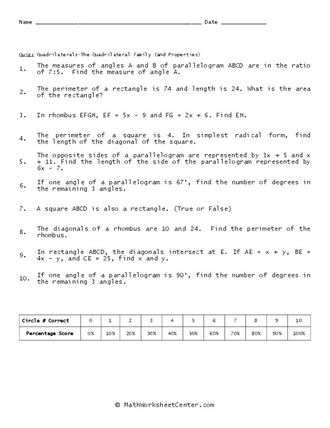 Quadrilaterals Worksheet