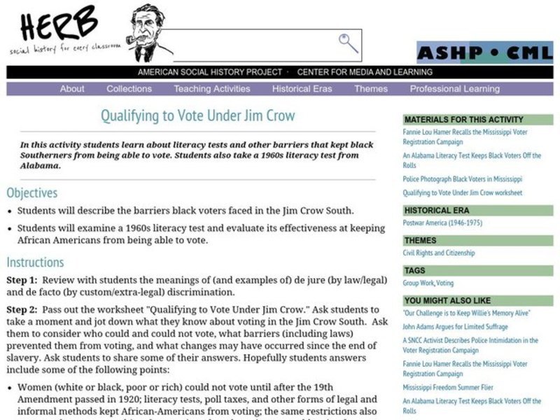 Qualifying to Vote Under Jim Crow Lesson Plan