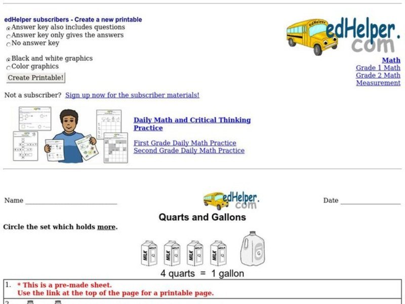 Quarts and Gallons Worksheet