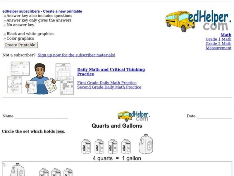 Quarts and Gallons Worksheet