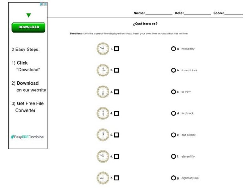 Que Hora Es? Worksheet