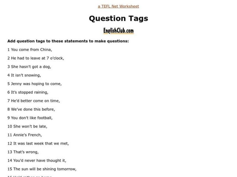 Question Tags Worksheet