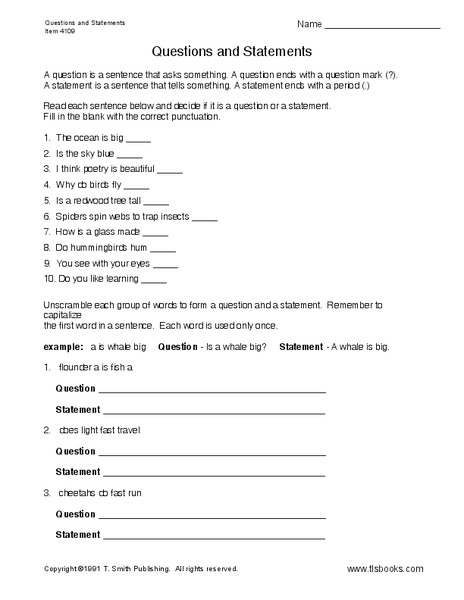 Questions And Statements Worksheet