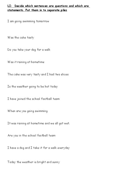 Questions and Statements Worksheet