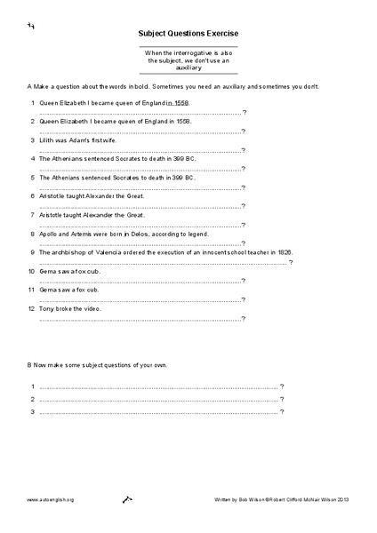 Questions Without the Auxiliary Verb Exercise Worksheet