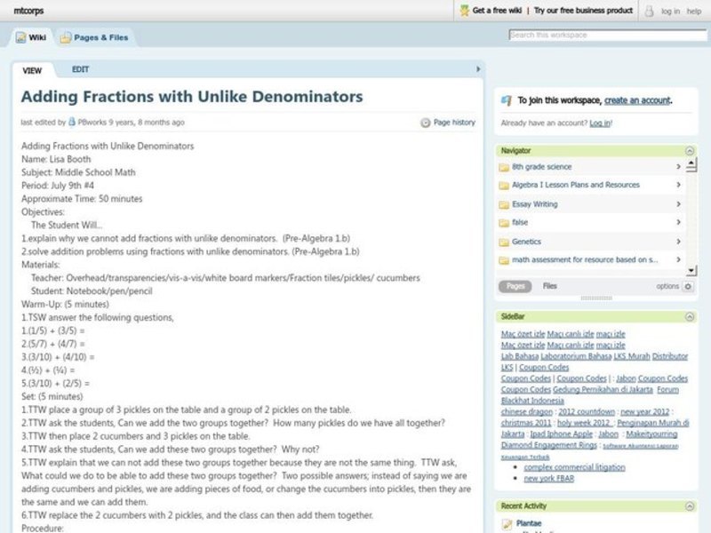 Adding Fractions with Unlike Denominators Lesson Plan