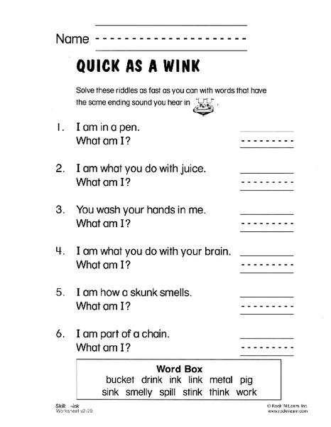 Quick As a Wink Worksheet