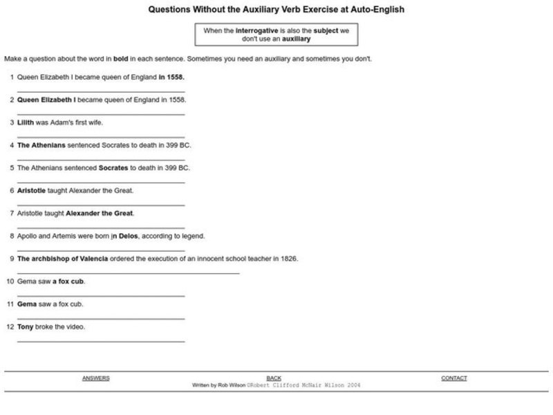 Questions Without the Auxiliary Verb Exercise Interactive