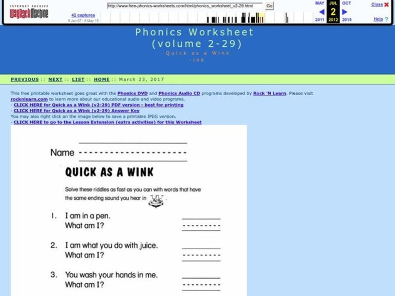 Quick as a Wink Worksheet