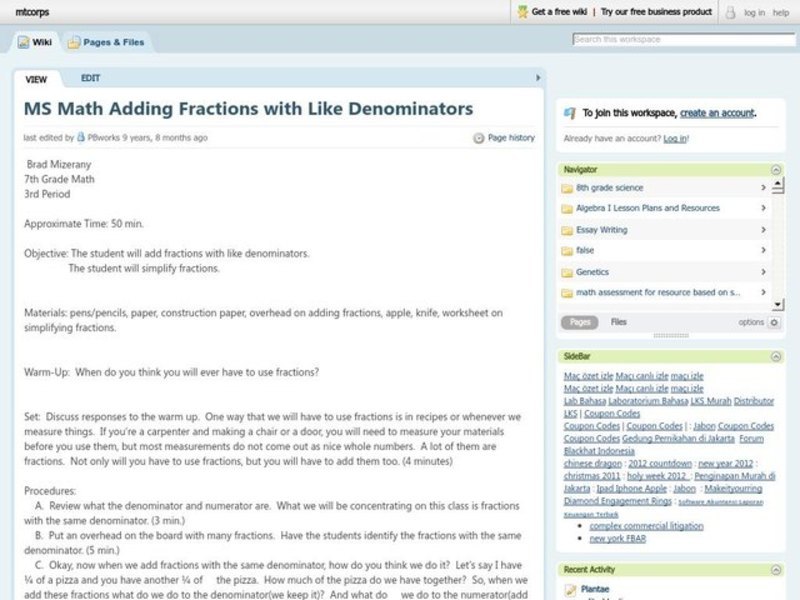 Adding Fractions With Like Denominators Lesson Plan
