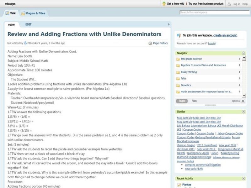 Adding Fractions with Unlike Denominators Lesson Plan