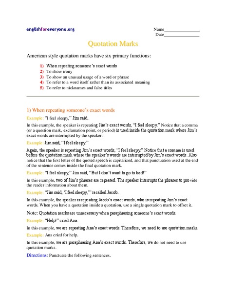 Quotation Marks Worksheet