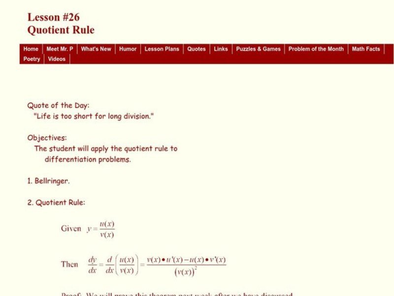 Quotient Rule Lesson Plan