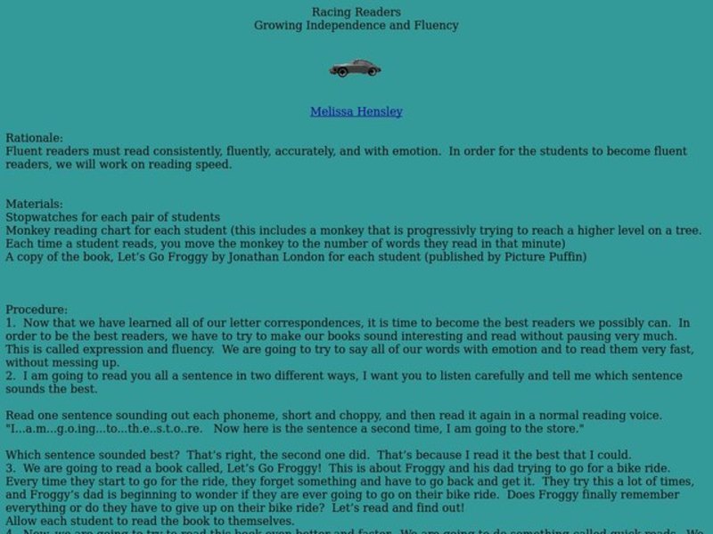 Racing Readers Lesson Plan