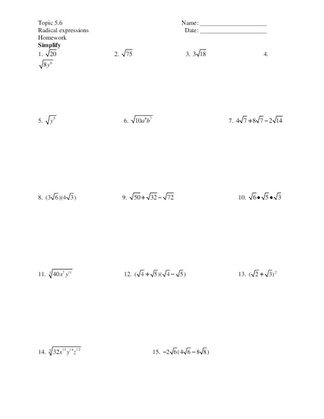 Radical Expressions Worksheet