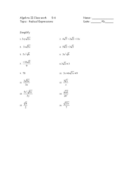 Radical Expressions Worksheet