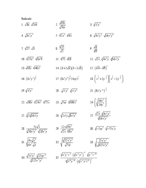 Radicals Worksheet