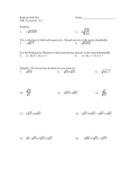 Radicals Worksheet