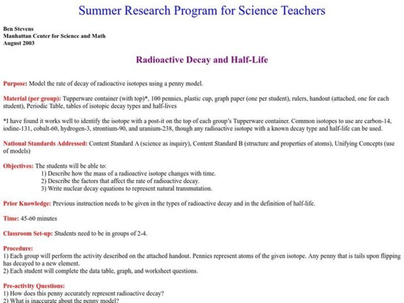 Radioactive Decay and Half-Life Lesson Plan