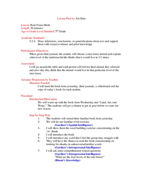 Rain Forest Birds  Lesson Plan