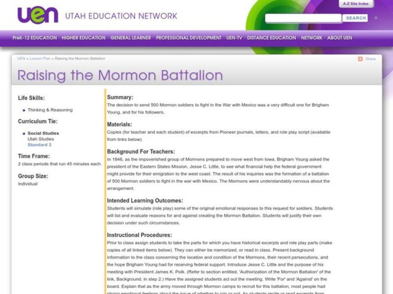 Raising the Mormon Battalion Lesson Plan
