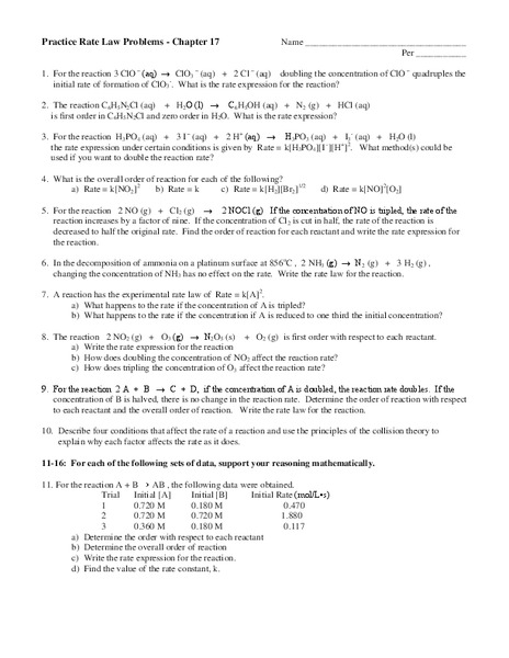 Rate Law Problems Worksheet