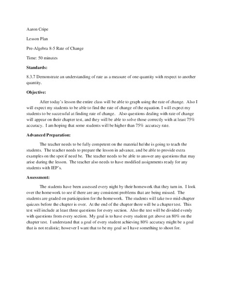 Rate of Change Lesson Plan