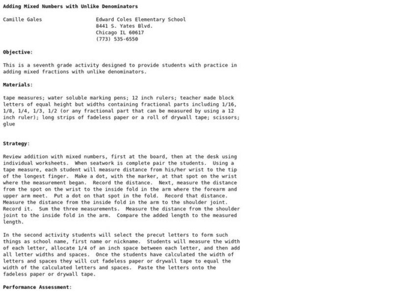 Adding Mixed Numbers with Unlike Denominators Lesson Plan