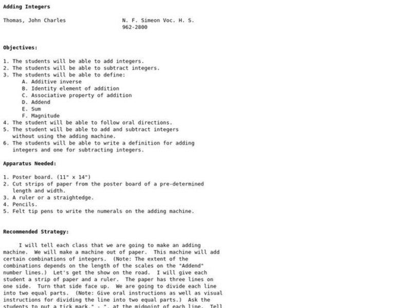 Adding Integers Lesson Plan